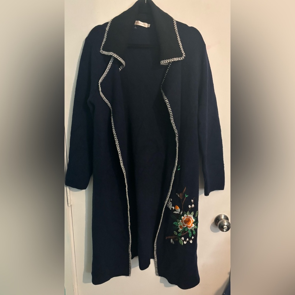 Simply Couture‎ Womens Navy Black Embroidery Bird Floral Duster Wool Blend Large